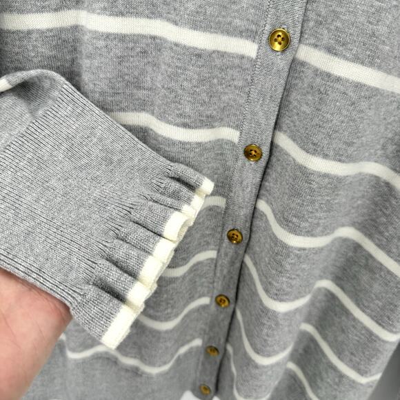 Talbots Sweater Womens XL Cardigan Gray White Stripe Knit Ruffle Wrist Button Up - Picture 3 of 6